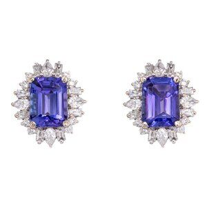 Emerald-Cut Tanzanite & Diamond Halo Statement Earrings in 14K White Gold